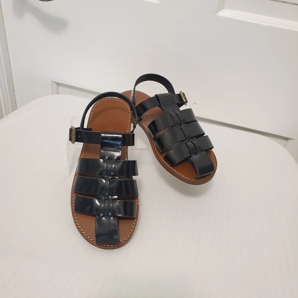 NWOB J. Crew Fisherman Spazzolato Shiny Black Leather Sandals Size 5